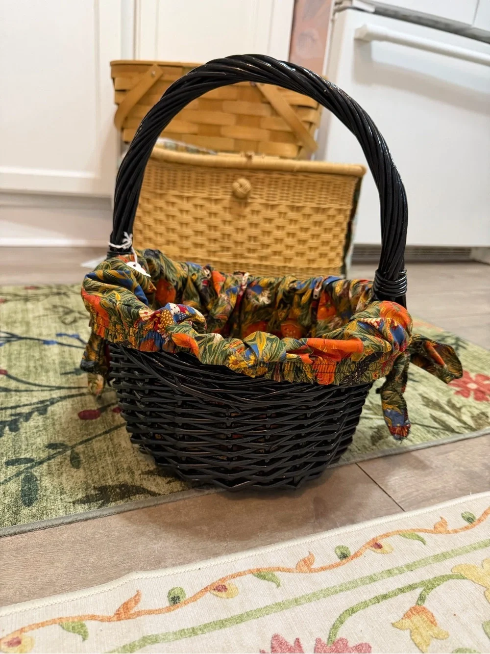 Vintage Autumn Fabric Lined Black Wicker Basket Colorful Autumn Primitives